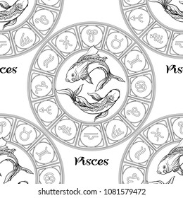 Seamless pattern with symbols of a horoscope, signs of the zodiac. Outline stock vector illustration.