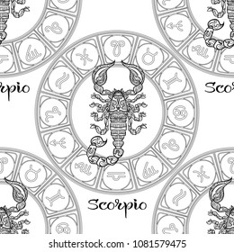 Seamless pattern with symbols of a horoscope, signs of the zodiac. Outline stock vector illustration.