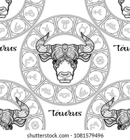 Seamless pattern with symbols of a horoscope, signs of the zodiac. Outline stock vector illustration.