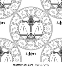 Seamless pattern with symbols of a horoscope, signs of the zodiac. Outline stock vector illustration.