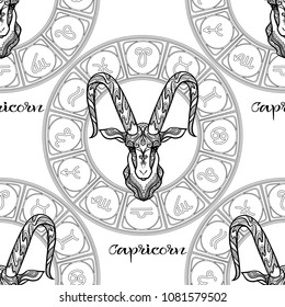 Seamless pattern with symbols of a horoscope, signs of the zodiac. Outline stock vector illustration.