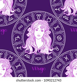 Seamless pattern with symbols of a horoscope, signs of the zodiac.In ultra violet colors. Stock vector illustration.