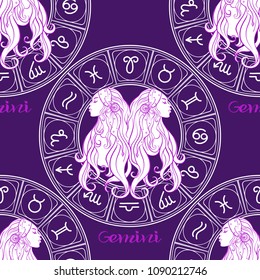 Seamless pattern with symbols of a horoscope, signs of the zodiac.In ultra violet colors. Stock vector illustration.