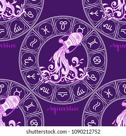 Seamless pattern with symbols of a horoscope, signs of the zodiac.In ultra violet colors. Stock vector illustration.