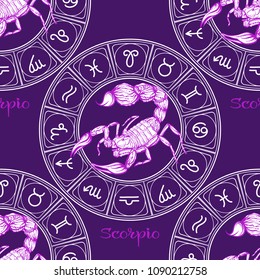 Seamless pattern with symbols of a horoscope, signs of the zodiac.In ultra violet colors. Stock vector illustration.