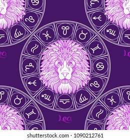Seamless pattern with symbols of a horoscope, signs of the zodiac.In ultra violet colors. Stock vector illustration.