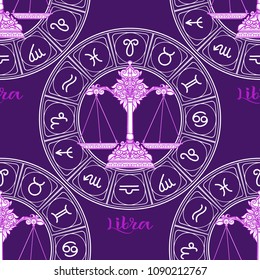 Seamless pattern with symbols of a horoscope, signs of the zodiac.In ultra violet colors. Stock vector illustration.
