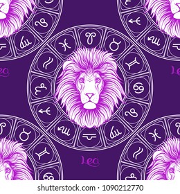 Seamless pattern with symbols of a horoscope, signs of the zodiac.In ultra violet colors. Stock vector illustration.