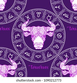 Seamless pattern with symbols of a horoscope, signs of the zodiac.In ultra violet colors. Stock vector illustration.
