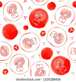 Seamless pattern with symbols of a horoscope, signs of the zodiac. Vector illustration imitating watercolor. Red aries zodiac sign on a white background.
