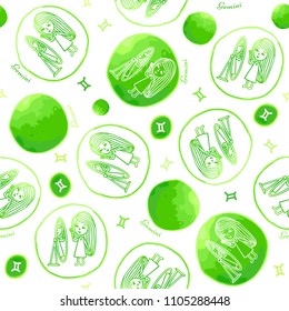 Seamless pattern with symbols of a horoscope, signs of the zodiac. Vector illustration imitating watercolor. Green gemini zodiac sign on a white background.