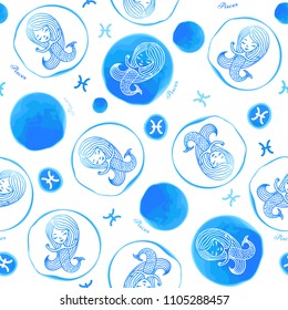 Seamless pattern with symbols of a horoscope, signs of the zodiac. Vector illustration in blue tones simulating watercolor. Pisces zodiac sign.