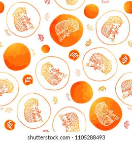 Seamless pattern with symbols of a horoscope, signs of the zodiac. Vector illustration imitating watercolor. Virgo and orange spots on a white background.