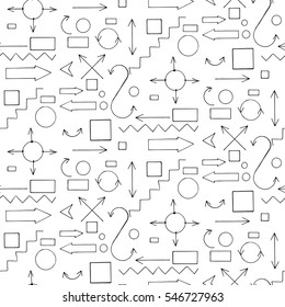 Seamless pattern of symbols for infographics. Arrows, frames, lines and circles in and abstract doodle writing design set. Stylish Vector hand-written illustration on white. 