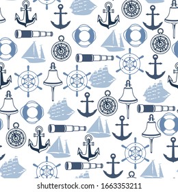 Seamless pattern with symbols and items. Marine retro decorative background.