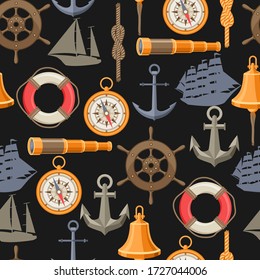 Seamless pattern with symbols and items. Marine retro decorative background.