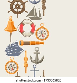 Seamless pattern with symbols and items. Marine retro decorative background.