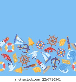 Seamless pattern with symbols and items. Marine cute background.