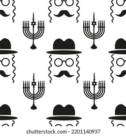 Seamless pattern with symbols of the Jewish New Year and Christmas. A set with a menorah and Hasid. Vector illustration with hanukkah symbol.