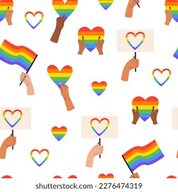 Seamless pattern with symbols of the LGBT community. Hands holding rainbow flags and hearts. Celebrating the month of pride against abuse and discrimination. Isolated design on a white background.