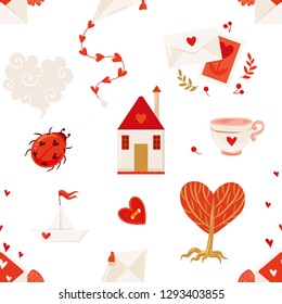 Seamless pattern with symbols of love (postcard with envelope, kite, ladybug, cloud, house, cup, tree, paper ship, button and envelope with wings)