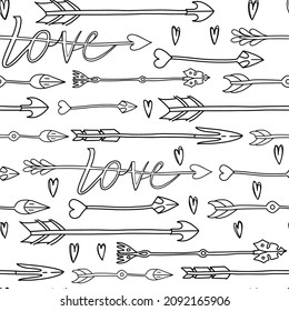 Patrón sin foco con símbolos de amor y romance, flechas y corazones cupidos. Adecuado para imprimir en papel envolvente, diseño de productos o decoración de postales.