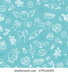 Seamless pattern with symbols of love, romantic relationship and affection. Vector illustration in doodle style
