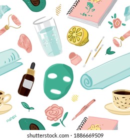 Seamless pattern with symbols for the morning routine isolated on white. Background with elements of beauty detox, face mask, roller, tonic for wallpaper, wrapping paper. Cartoon vector illustratio