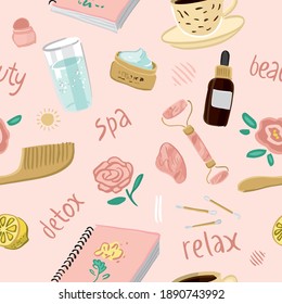 Seamless pattern with symbols for the morning routine isolated on pink. Background with elements of beauty detox, face cream, roller, tonic for wallpaper, wrapping paper. Cartoon vector illustration