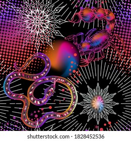 Seamless pattern with symbols of nocturne magic and mystical and sacred geometries in bright neon colors. Vector illustration.