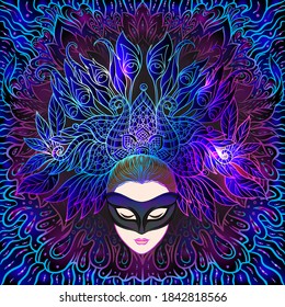 Seamless pattern with symbols of nocturne magic and mystical and sacred geometries in bright neon colors. Vector illustration.