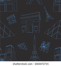 Seamless pattern from the symbols of Paris in blue on a black background