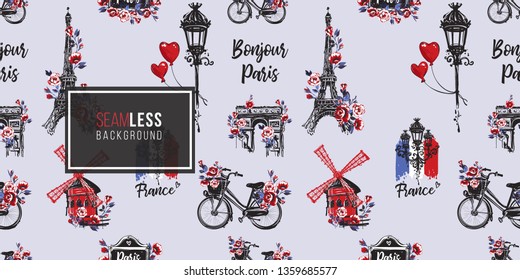 Seamless pattern with symbols of Paris and France. French symbols hand drawn illustrations. Watercolor style vector background.