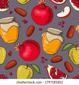 Seamless pattern with symbols of Rosh Hashana (Hebrew New Year). Endless textures for your design.