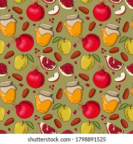 Seamless pattern with symbols of Rosh Hashana (Hebrew New Year). Endless textures for your design.	