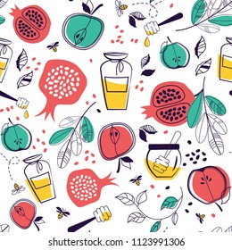 seamless pattern with symbols of Rosh Hashanah. Jewish new year. vector illustration