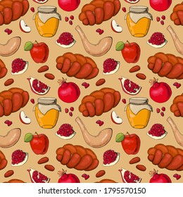 Seamless pattern with symbols of Rosh Hashanah. Jewish New Year. Endless texture for your design.	