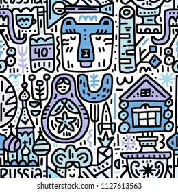 Seamless pattern with symbols of Russia - bear, vodka, matrioshka, samovar, etc. Cartoon vector design.   