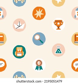 Seamless pattern with symbols of school and education. Equipment for different lessons - art, music, science, sport. Cute style. Hand drawn vector illustration. Print, fabric, wrapping paper.