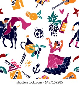Seamless pattern with symbols of Spain for Wallpaper, print, poster, wrapping paper and background for the site. Vector cute cartoon illustration