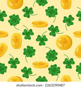 Seamless pattern with symbols of st. patrick's day. clover and coins in cartoon style