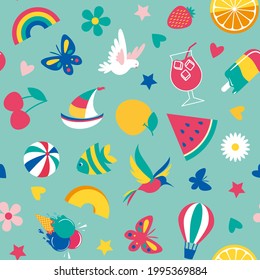 Seamless pattern with symbols of summer: beach, fruits, travel. Summer background. Vector illustration, flat, texture, wallpaper, background for textile, fabric.