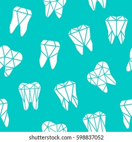 Seamless pattern with symbols of teeth - polygonal low poly in blue and white.