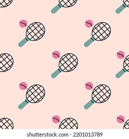 Seamless pattern with symbols of tennis. Racket and a ball. Cute style, pastel colors. Sport and healthy lifestyle concept. Hand drawn vector illustration. For print, fabric, wrapping paper etc.
