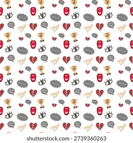 Seamless pattern with symbols and text depicting misogyny, gender stereotypes, and discrimination