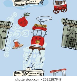 Seamless pattern symbols of turkey, hand drawn vector illustration, stickers.