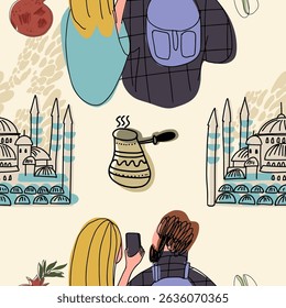 Seamless pattern symbols of turkey, hand drawn vector illustration, stickers.