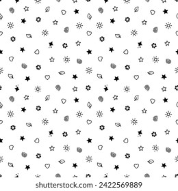 Seamless pattern of symbols. White wallpapers with a print of black symbols. Seamless vector background with black symbols on a white background. Infinite seamless pattern of symbols.