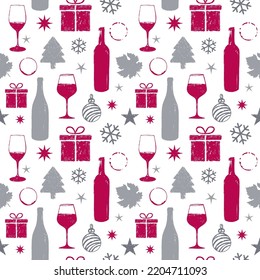 Seamless pattern with symbols of wine and Christmas holidays. Textured hand drawn illustrations. vector