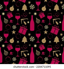 Seamless pattern with symbols of wine and Christmas holidays. Textured hand drawn illustrations. vector